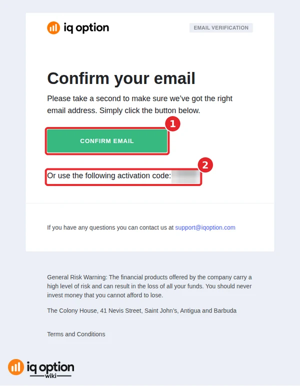IQ Option Confirm your email message with the CONFIRM EMAIL button and an activation code