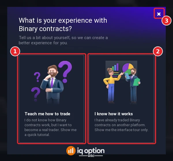 IQ Option first-login window: What is your experience with Binary contracts, Teach me how to trade or I know how it works