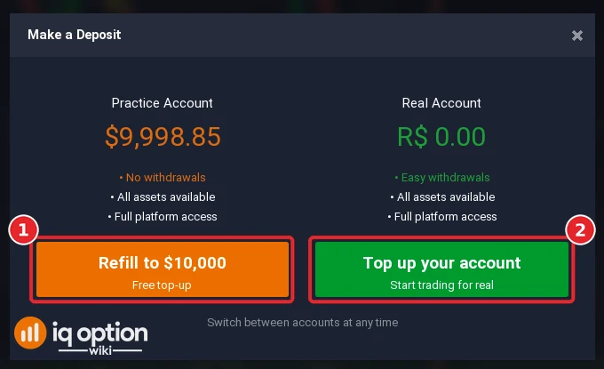 IQ Option Make a Deposit window: Practice account with Refill to $10,000 and real account with Top up your account
