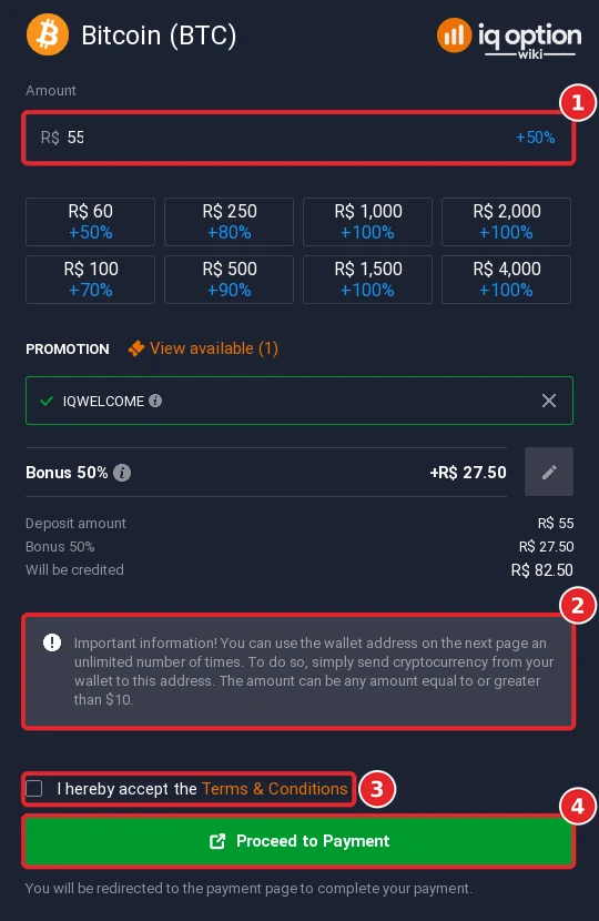 The Bitcoin deposit form in the IQ Option cashier, with the reusable wallet address note