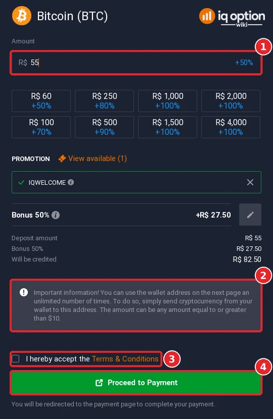 The Bitcoin deposit form in the IQ Option cashier, with the reusable wallet address note