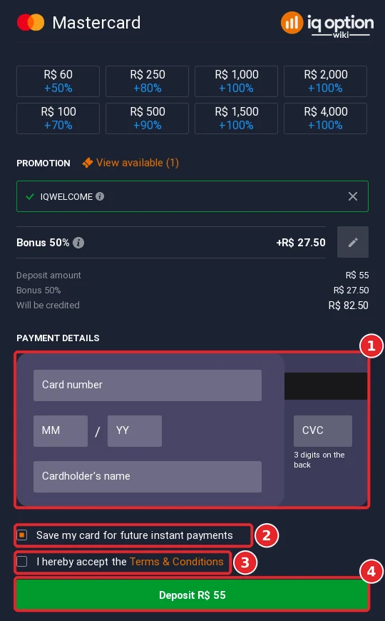 IQ Option card deposit form: card number, expiry date, cardholder name, CVC, save card option, terms and Deposit button