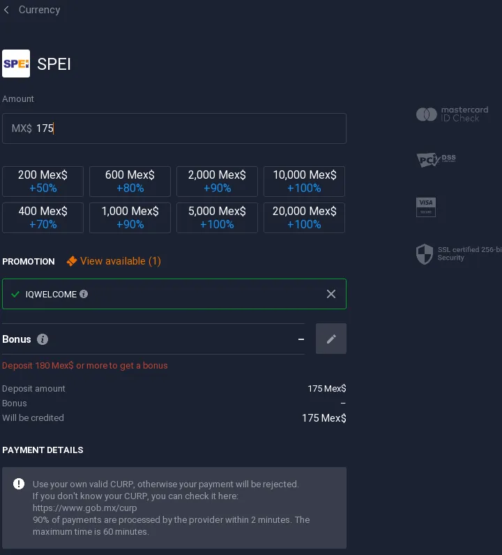 IQ Option SPEI deposit amount step with the 175 MXN minimum and the bonus field