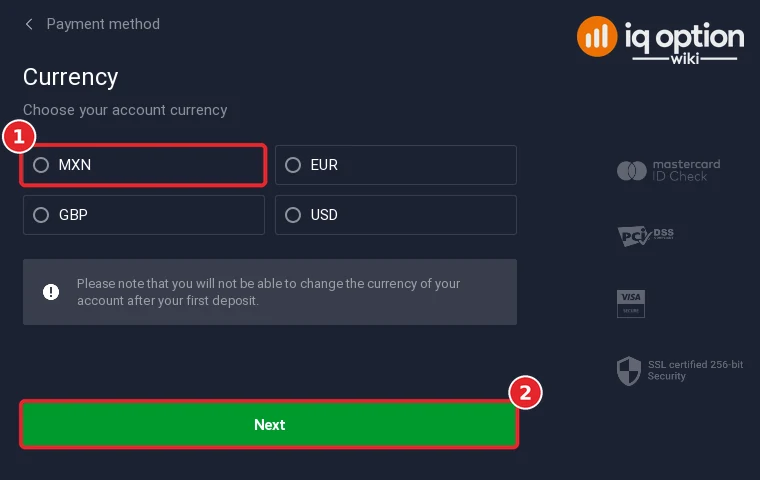 Account currency choice for a Mexican IQ Option account: MXN, EUR, GBP or USD