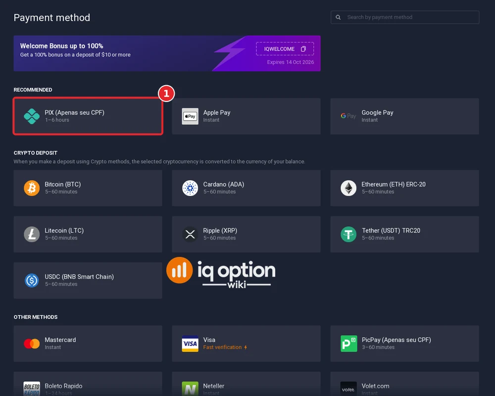 Step 3: payment methods for a Brazilian IQ Option account with PIX selected