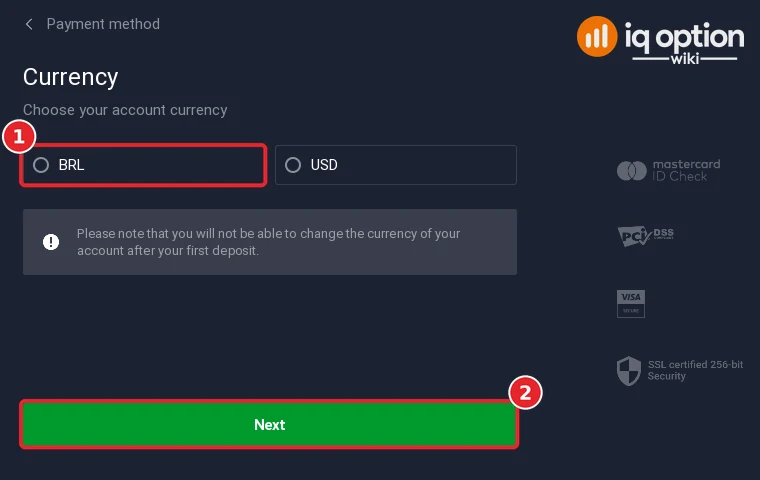 Step 4: choose the account currency (BRL or USD) and click Next