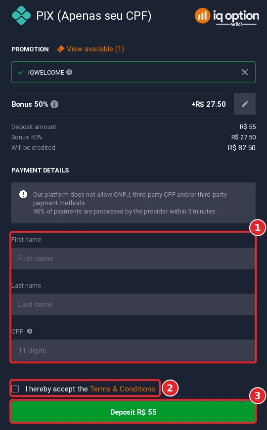 Step 6: PIX payment details with first name, last name, CPF, terms box and Deposit button