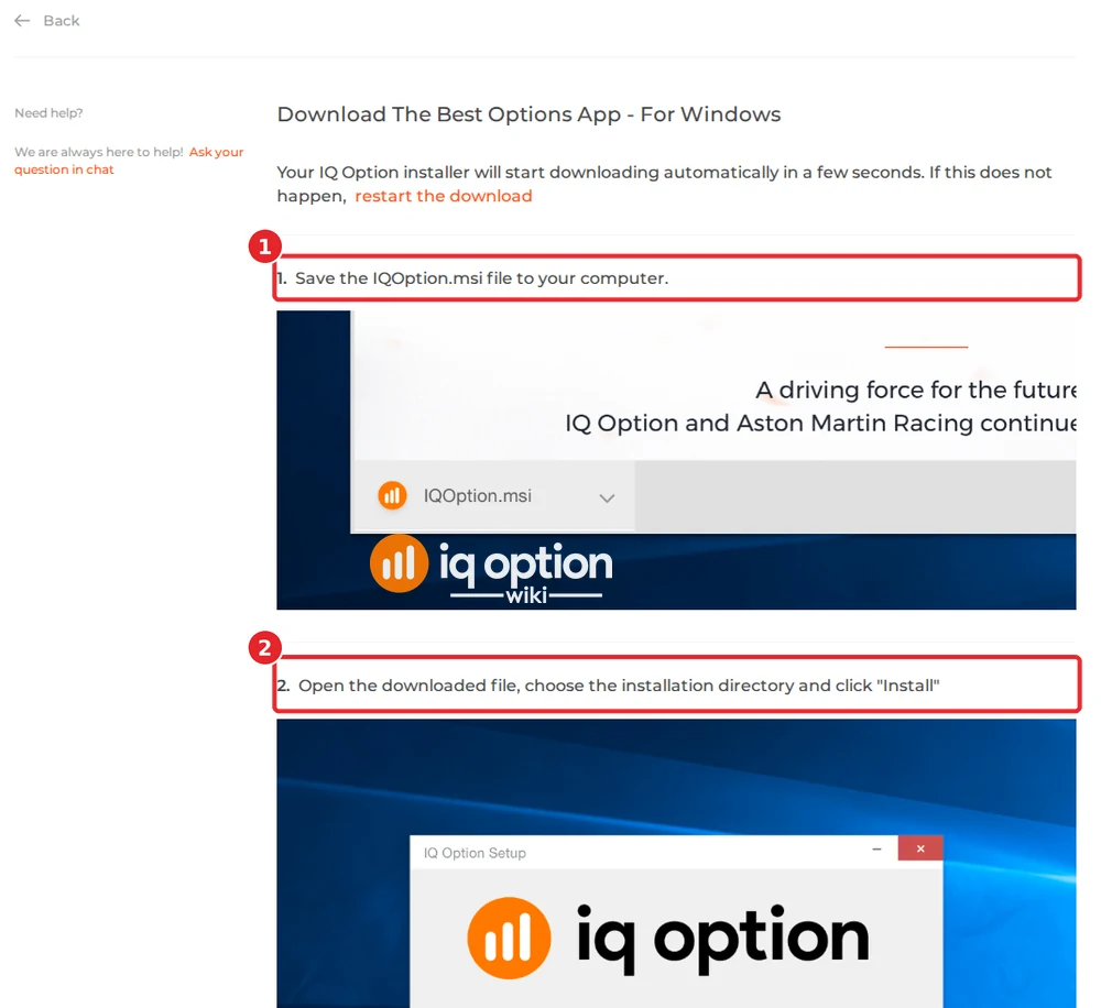 IQ Option Windows installation guide: step 1 save the IQOption.msi file and step 2 open it and click Install