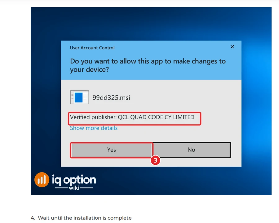 Windows prompt in IQ Option's installation guide: verified publisher QCL QUAD CODE CY LIMITED and the Yes button