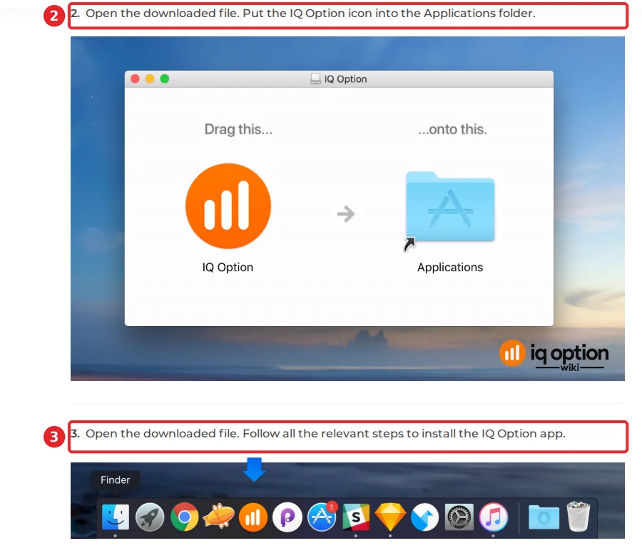 IQ Option macOS installation guide: drag the IQ Option icon onto the Applications folder, then open it from the Dock