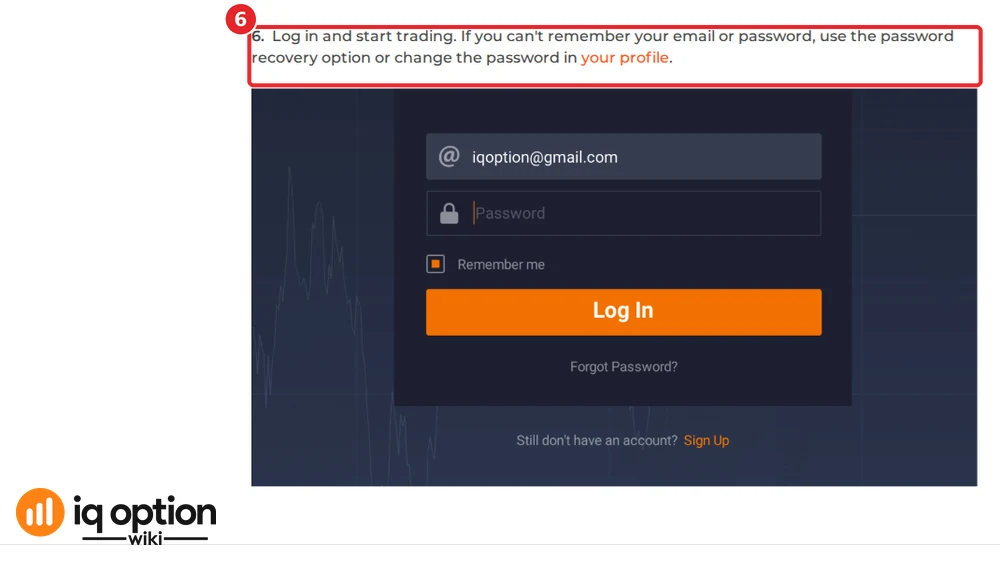 IQ Option desktop app login screen shown in the installation guide, step 6 log in and start trading