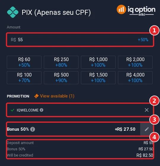 IQ Option PIX cashier on a Brazilian account: R$ 55 typed, the pre-applied promo code IQWELCOME, a 50% bonus of R$ 27.50 and R$ 82.50 to be credited