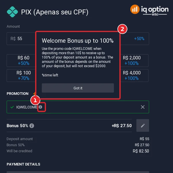 IQ Option PIX cashier on a Brazilian account: the (i) icon next to the code IQWELCOME opens the Welcome Bonus up to 100% card