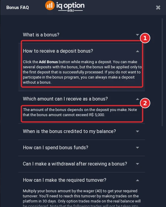 IQ Option Bonus FAQ: how to receive a deposit bonus (first successful deposit only) and the bonus amount limit of R$ 5,000