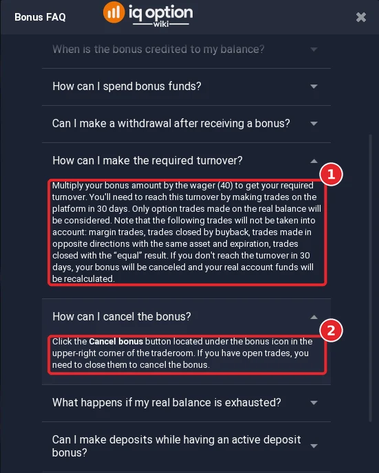 IQ Option Bonus FAQ: the turnover is the bonus times 40 within 30 days, and the Cancel bonus button under the bonus icon
