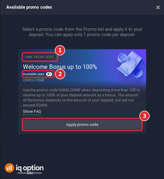 IQ Option Available promo codes window: the Welcome Bonus card with an expiry date, one use and an Apply promo code button