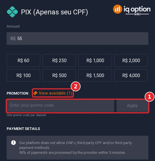 IQ Option PIX cashier after removing the promo code: an empty promo code field with an Apply button and the View available link