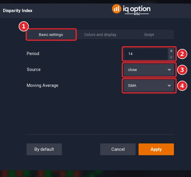Disparity Index dialog on the Basic settings tab (1) with 3 settings (2 to 4)