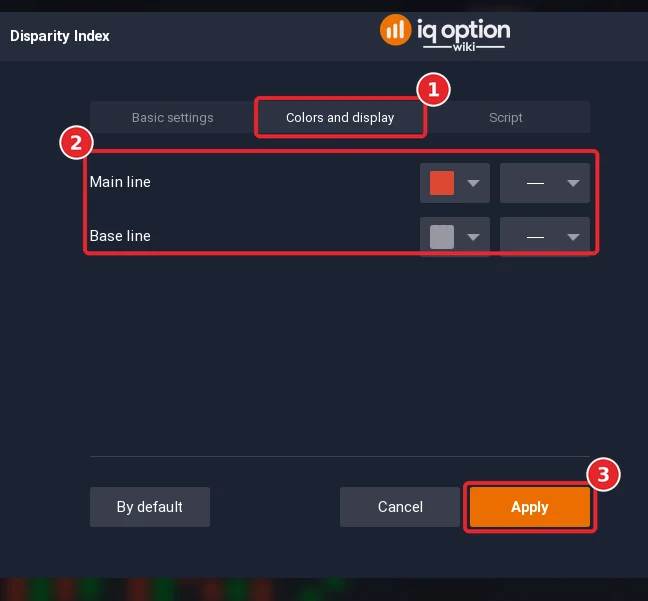 Disparity Index dialog on the Colors and display tab (1) with the colour rows (2) and the Apply button (3)