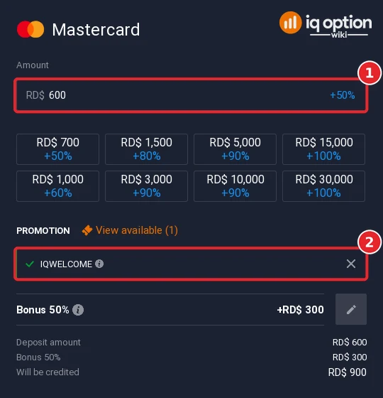 Step 5: a RD$ 600 Mastercard deposit with the IQWELCOME bonus code applied