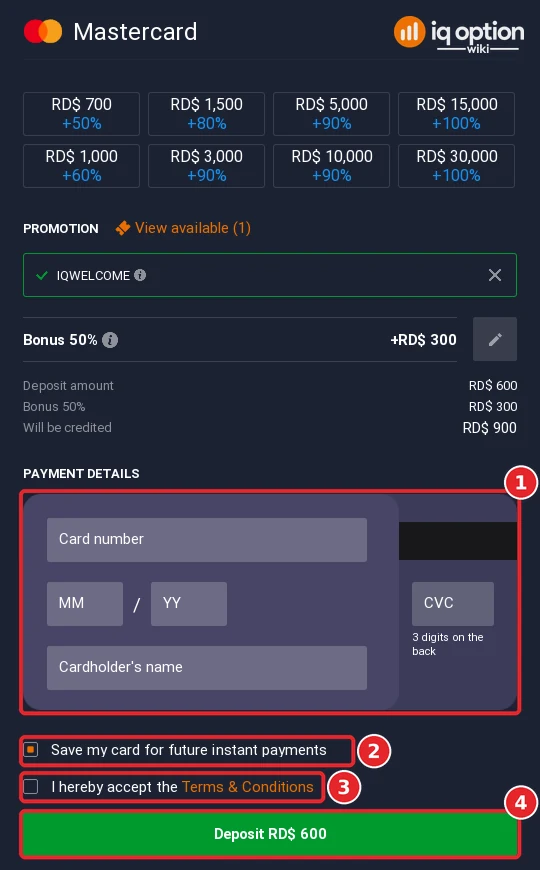 Step 6: the card form on IQ Option in the Dominican Republic: card details, Save my card, terms and Deposit