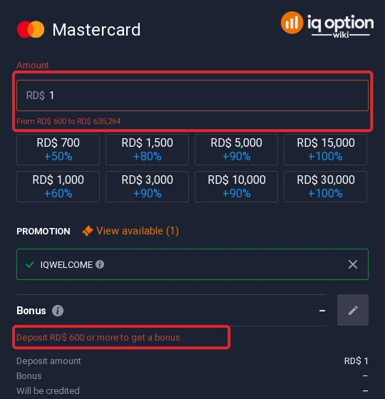 Mastercard accepts RD$ 600 to RD$ 635,264 on IQ Option; the bonus starts at RD$ 600