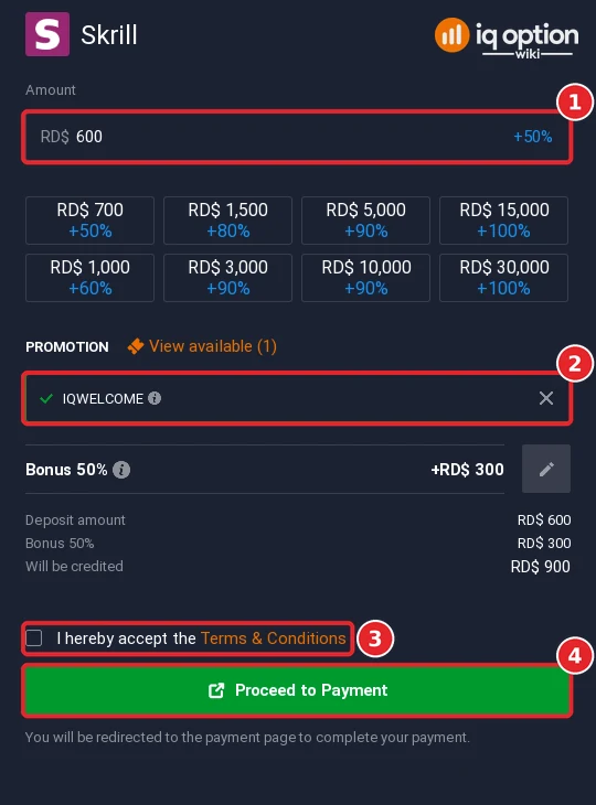Skrill deposit on IQ Option in the Dominican Republic: amount, bonus code, terms and Proceed to Payment