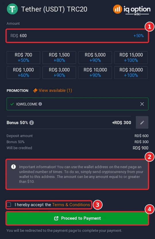 Tether (USDT) TRC20 deposit on IQ Option in the Dominican Republic: amount, reusable address note, terms