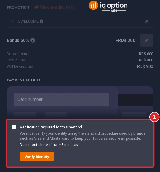 The Visa form on IQ Option in the Dominican Republic shows a Verification required notice with a Verify Identity button