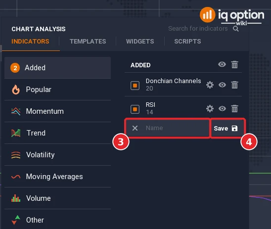 Chart analysis Added list with Donchian Channels 20 and RSI 14, an empty Name field (3) and the Save button (4)