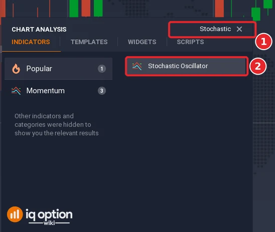 Chart analysis search box with Stochastic typed in (1) and the Stochastic Oscillator result (2)