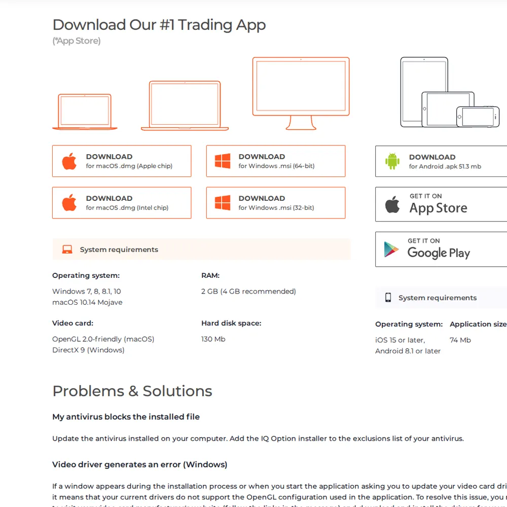 IQ Option download page for Windows, macOS, Android and iOS with system requirements