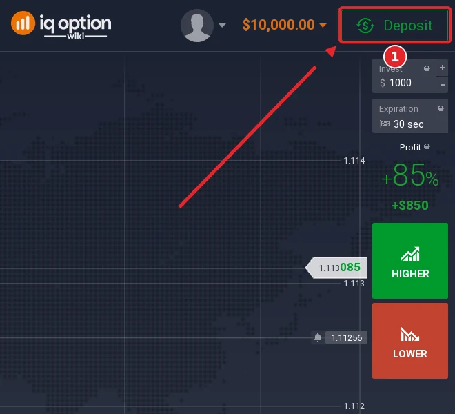 Step 1: the Deposit button in the IQ Option traderoom, on an account registered in Ecuador