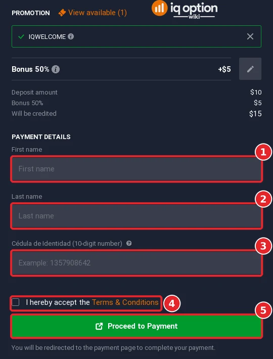 Red Activa deposit on IQ Option in Ecuador: first name, last name, cedula, terms and Proceed to Payment
