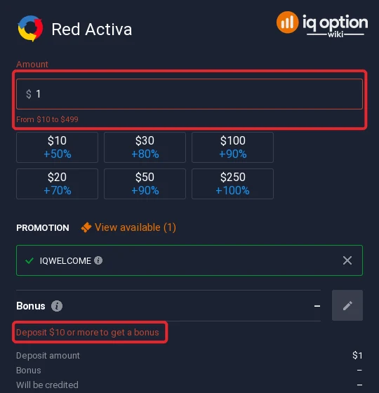 Red Activa accepts $10 to $499 on IQ Option in Ecuador; the bonus starts at $10