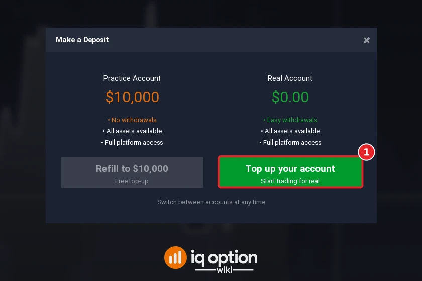 Step 2: Top up your account in the Make a Deposit window; the real account starts at zero