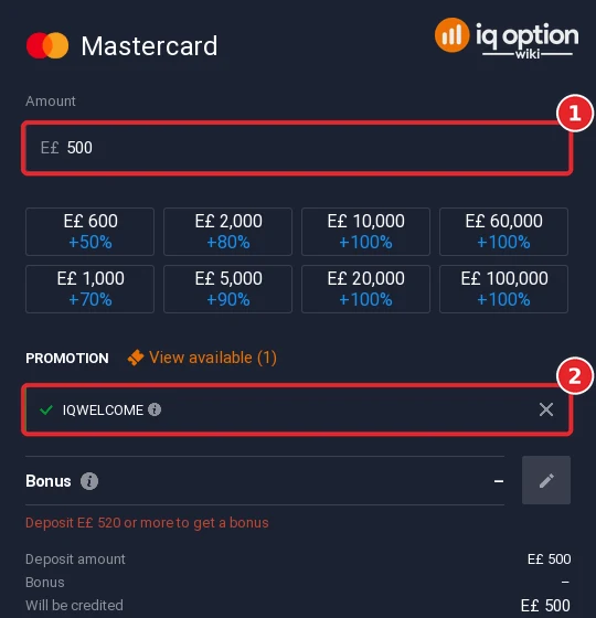Step 5: the Mastercard amount field set to E£500 with the IQWELCOME code applied