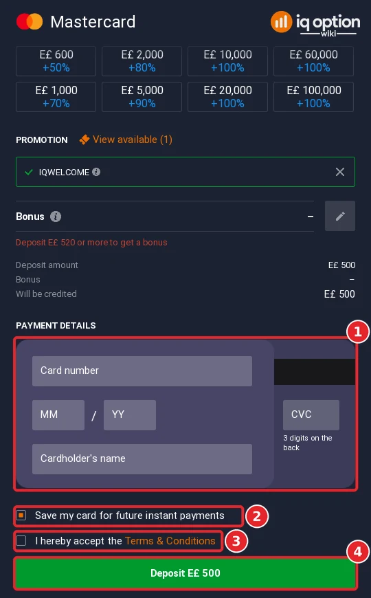 Step 6: the card details form with the terms box and the Deposit E£500 button