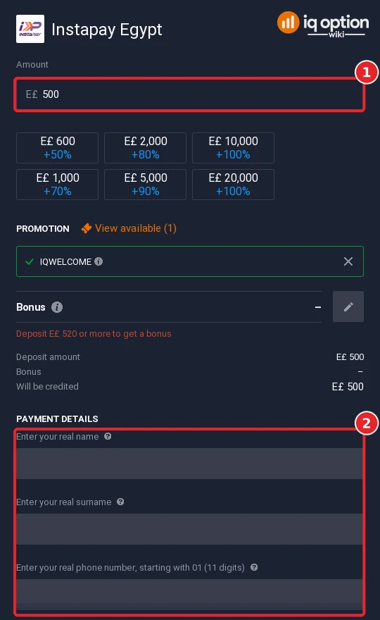 The Instapay Egypt deposit form with the amount and the name, surname and phone fields