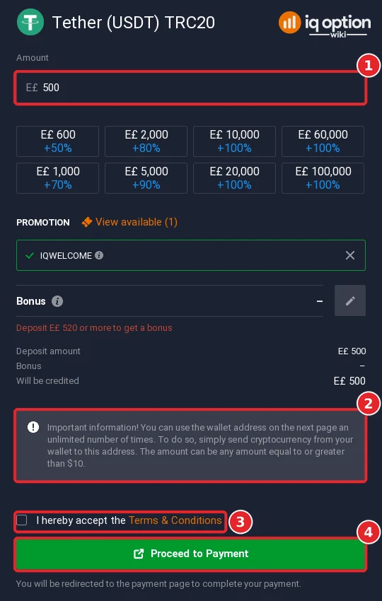 The Tether (USDT) TRC20 deposit form with the wallet-address note and Proceed to Payment button