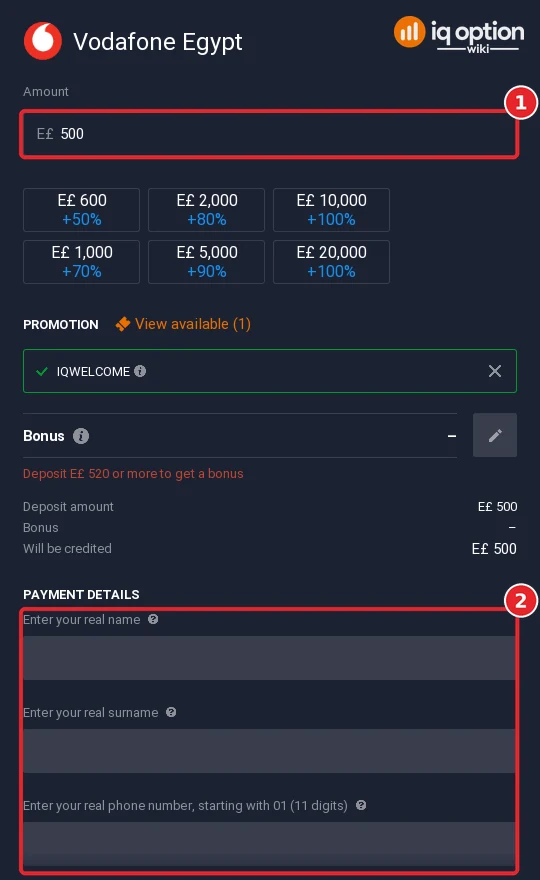 The Vodafone Egypt deposit form with the amount and the name, surname and phone fields