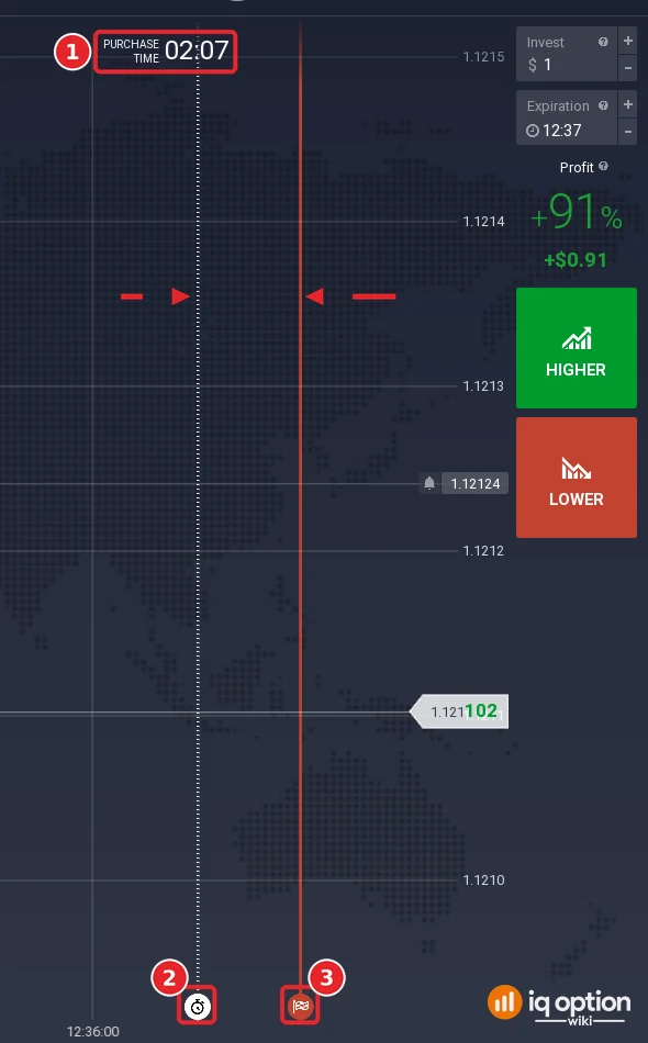 IQ Option chart with the Purchase time countdown, the white dotted purchase line and the red expiry line