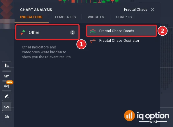 Chart analysis search on IQ Option with Fractal Chaos typed in: the Other list (1) and the Fractal Chaos Bands result (2)