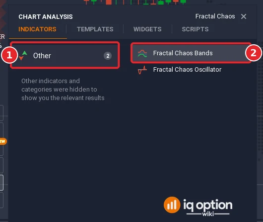 Chart analysis search on IQ Option with Fractal Chaos typed in: the Other list (1) and the Fractal Chaos Bands result (2)