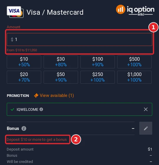 Typing 1 dollar shows the card range from 10 to 11,050 dollars and the bonus threshold