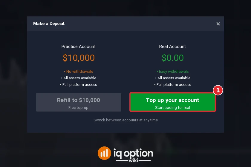 Step 2: Top up your account in the Make a Deposit window; the real account starts at zero