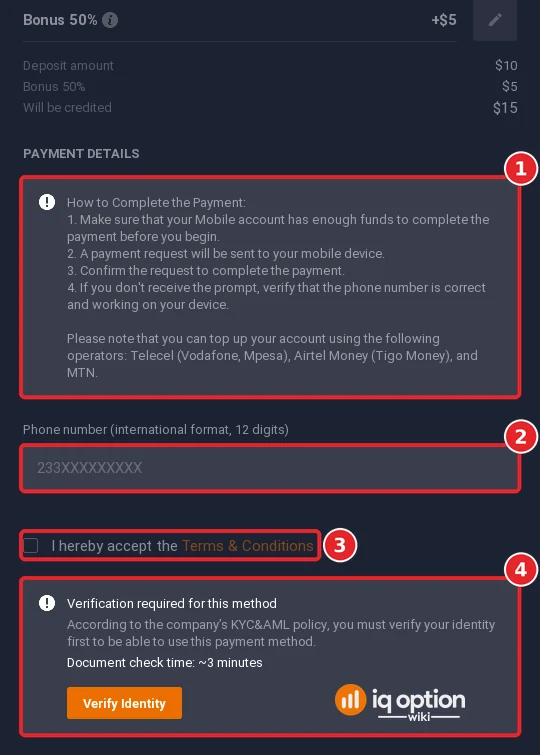 The Ghana Mobile Money form: operator note, phone number field, terms box and the notice that identity verification is required first