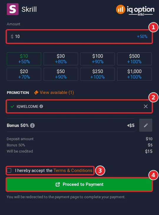 The Skrill deposit form with the amount, bonus code, terms box and Proceed to Payment button