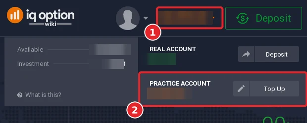 Account panel of IQ Option opened from the balance in the upper-right corner (1) with the Practice account row (2)