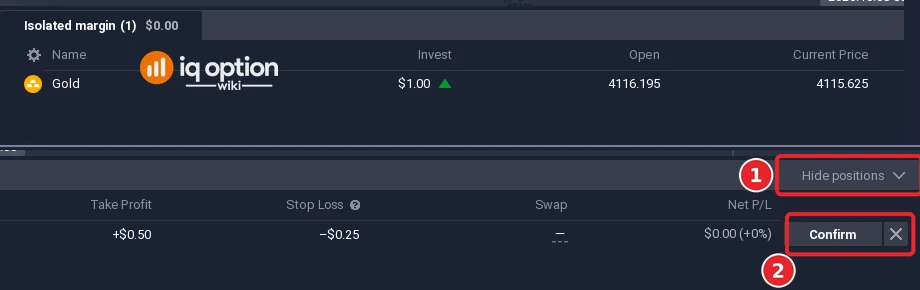Positions list of IQ Option with the Hide positions button (1) and the Confirm button of the gold position (2)